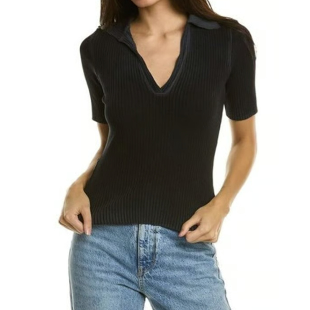 Cotton Citizen Ibiza Ribbed Knit Polo Shirt in Black